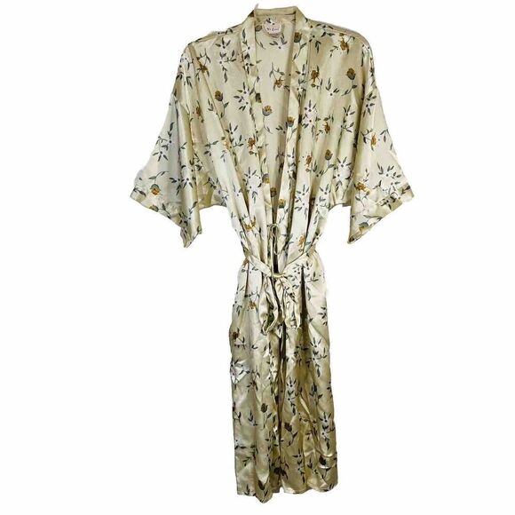 Vintage VX Girl Satin Feel Beige Floral Gown Long TieWrap Pockets Robe Sz 1X 50” - Picture 1 of 9